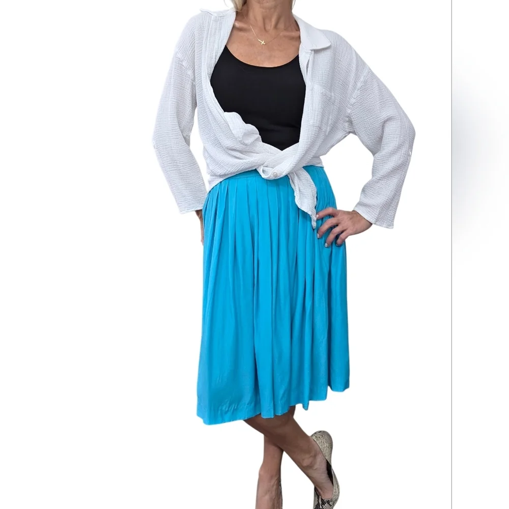 Vintage 70s 80s Turquoise A Line Pleated Skirt Size 6